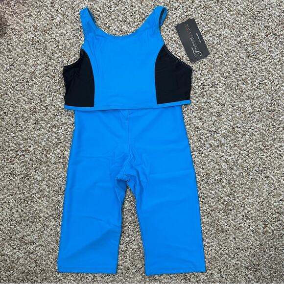 Theatricals blue black 2 piece dance set bike shorts crop top tank adult XS NWT - Picture 5 of 12